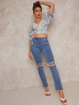 High Waisted Ripped Knee Slim Jeans in Blue