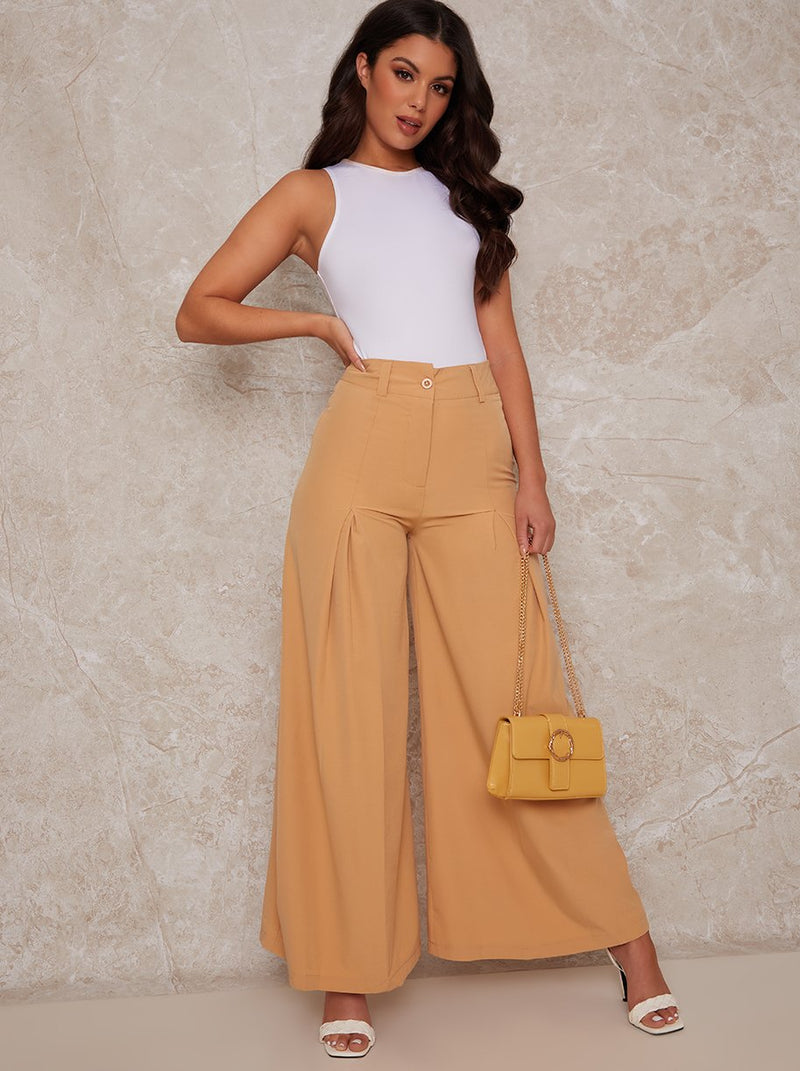 High Waisted Wide Leg Tailored Trousers in Beige