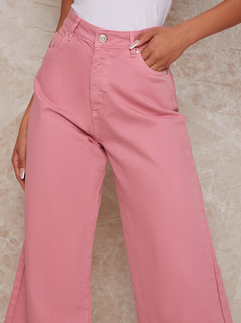 High Waisted Wide Leg Denim Jeans in Pink