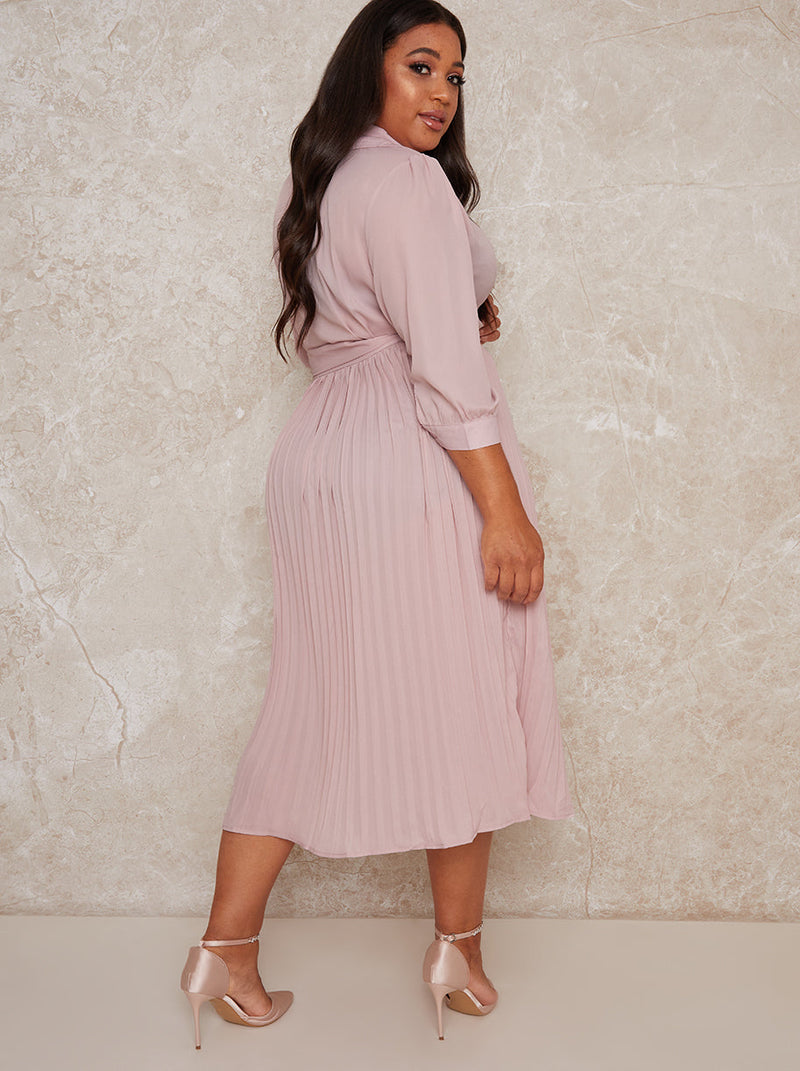 Plus Size Long Sleeve V Neck Pleated Wrap Dress in Pink