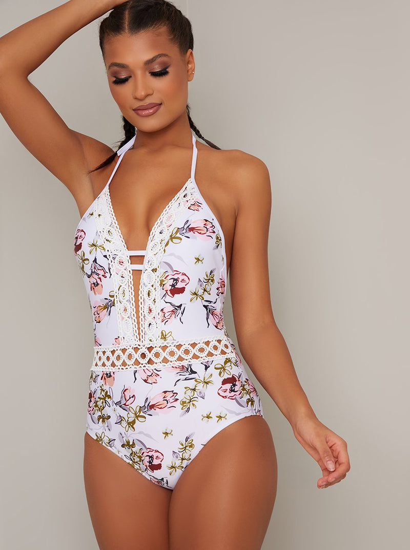 High Cut Floral Print Crochet Swimsuit in White
