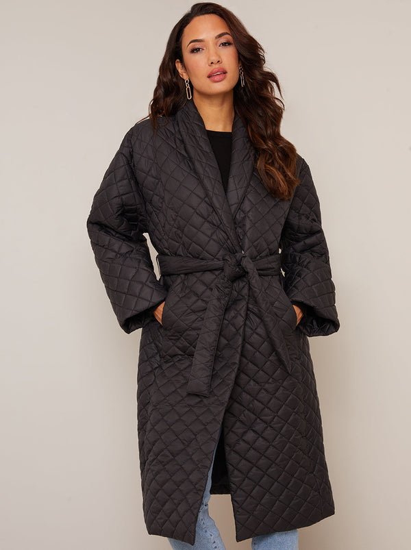 Diamond Quilted Longline Belted Coat in Black
