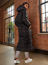 Check Padded Longline Belted Coat in Black
