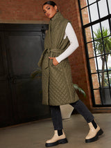 Diamond Quilted Longline Belted Gilet in Khaki