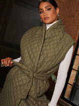Diamond Quilted Longline Belted Gilet in Khaki