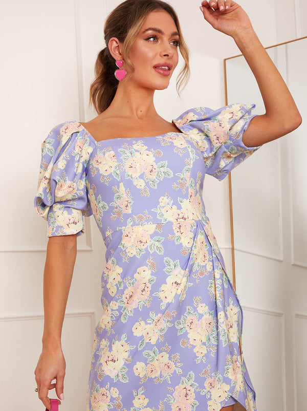 Floral Printed Puff Sleeve Mini Dress in Blue