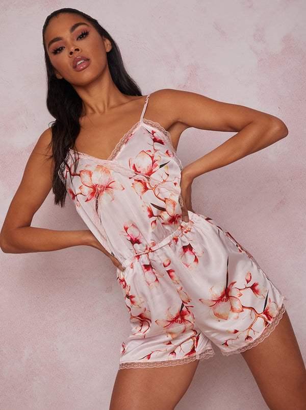 Blossom Floral Print Lace Detail Playsuit in Pink