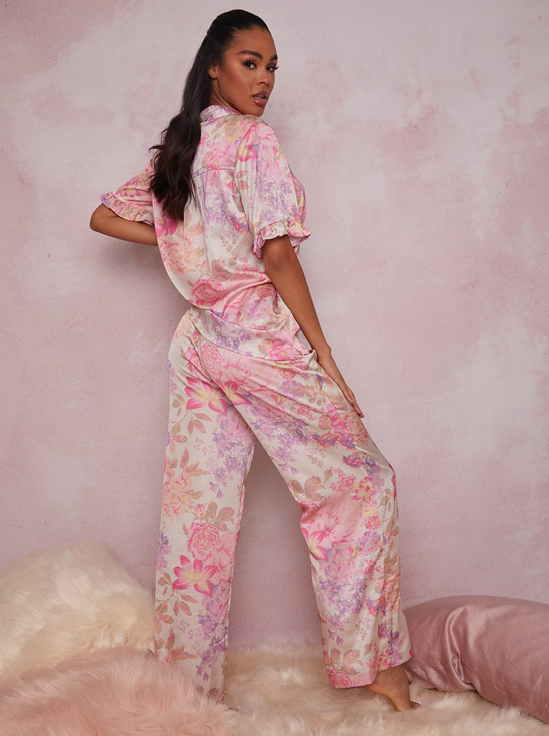 Floral Print Ruffle Detail Pyjama Set in Pink
