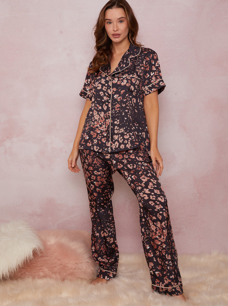 Textured Animal Print Pyjama Set in Black