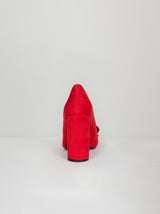Ruffle Detail Block Heel Court Shoe in Red