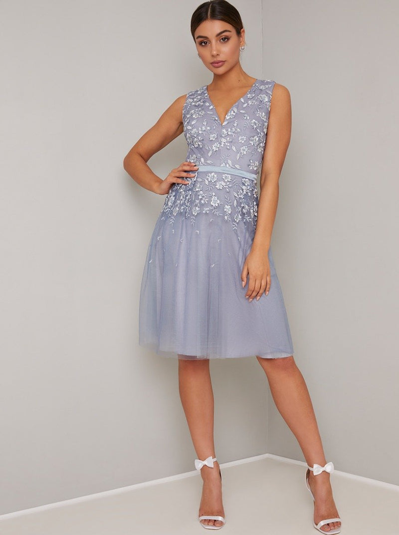 Embroidered Mesh Overlay Midi Dress in Blue