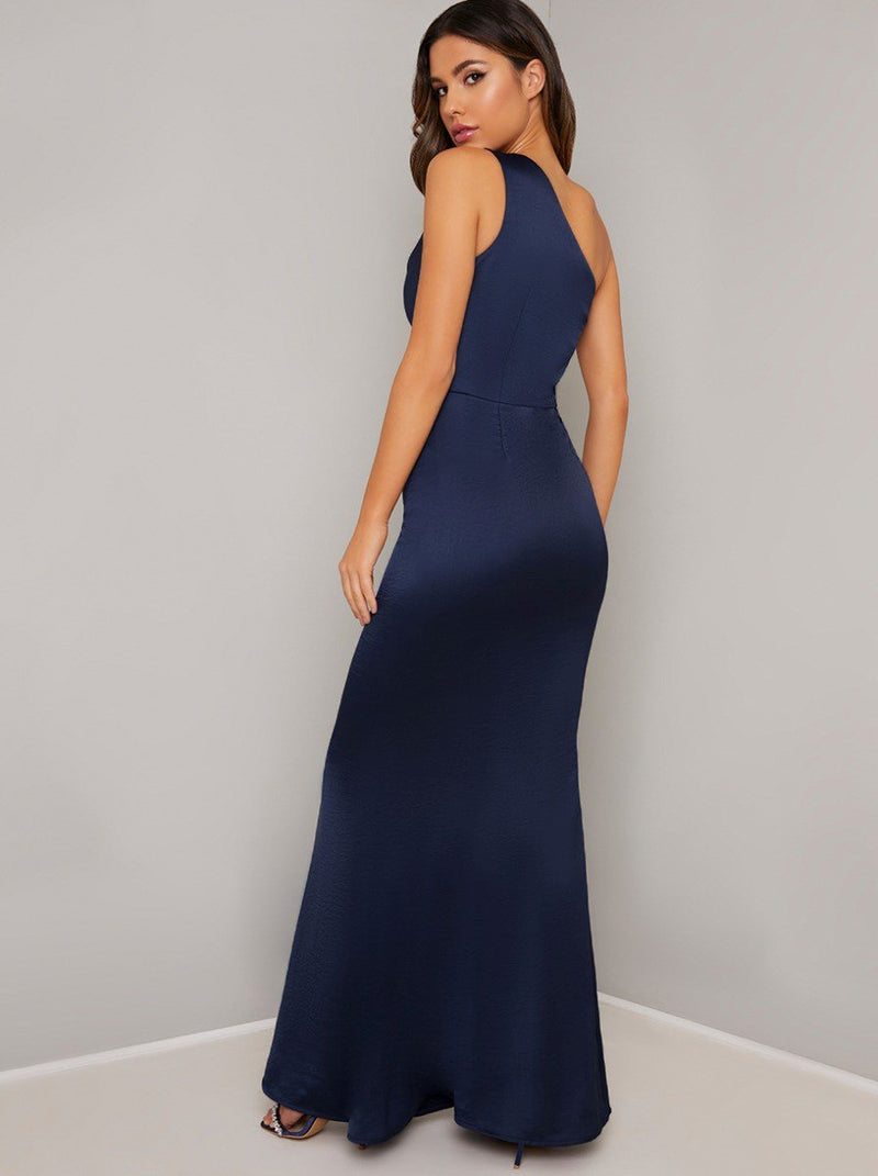 One Shoulder Fitted Silky Maxi Dress in Navy Blue