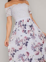 Lace Bardot Floral Print Midi Dress in Purple