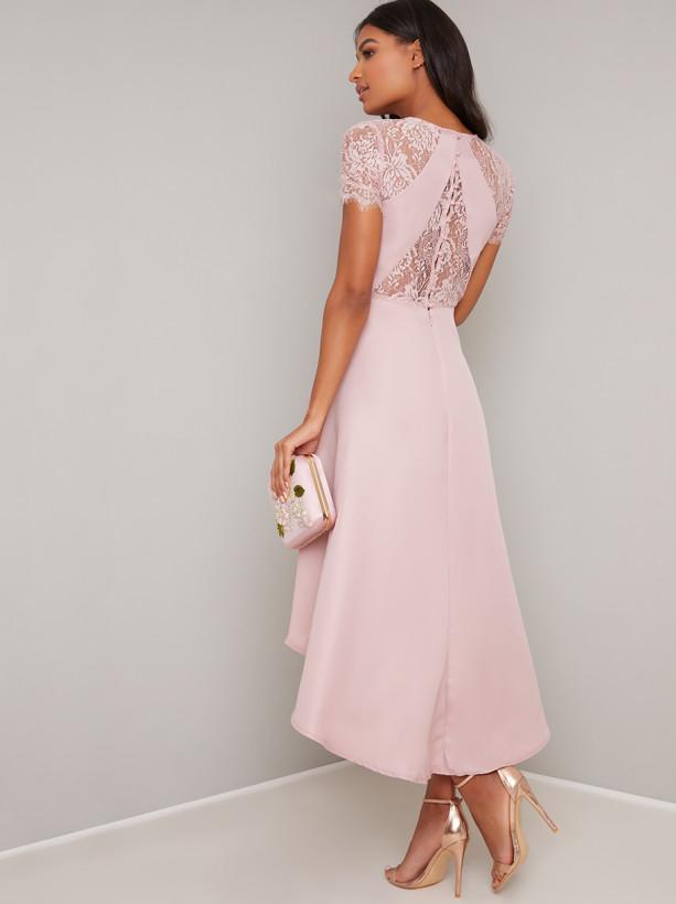 Lace Bodice Detail Dip Hem Dress in Pink