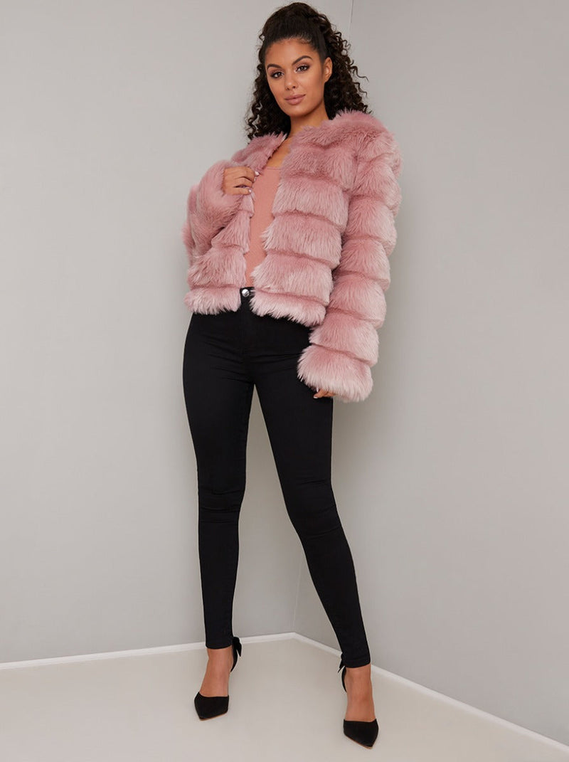 Faux Fur Cropped Coat in Pink