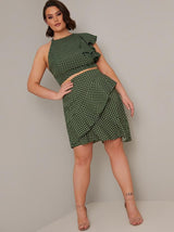 Plus Size Polka Dot Ruffle Mini Skirt in Green