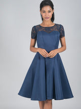 Short Sleeved Sheer Lace Midi Dress In Blue