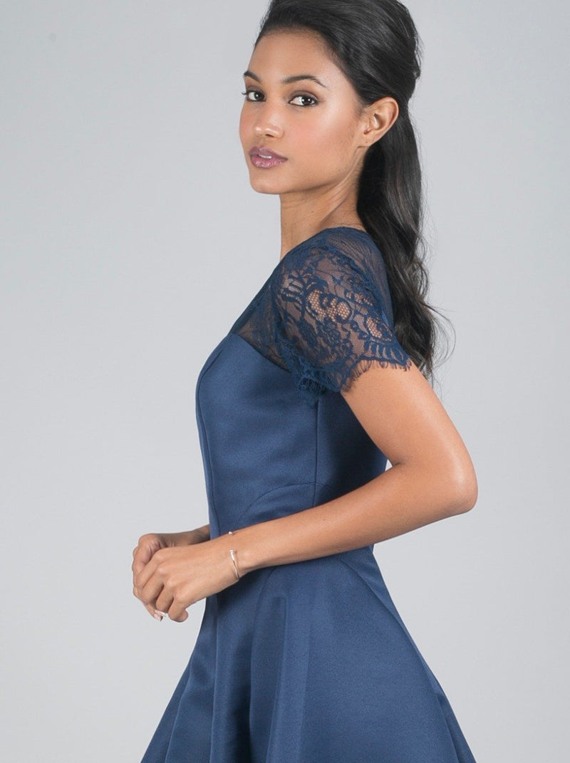 Short Sleeved Sheer Lace Midi Dress In Blue