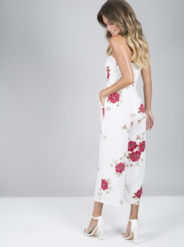 Bardot Floral Print Cut Out Jumpsuit in White