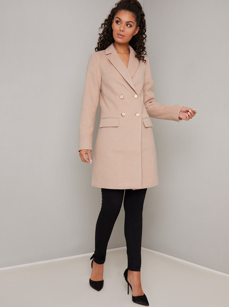 Pearl Button Double Breasted Tailored Coat in Nude