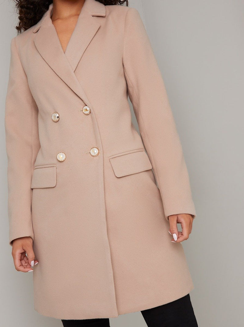 Pearl Button Double Breasted Tailored Coat in Nude