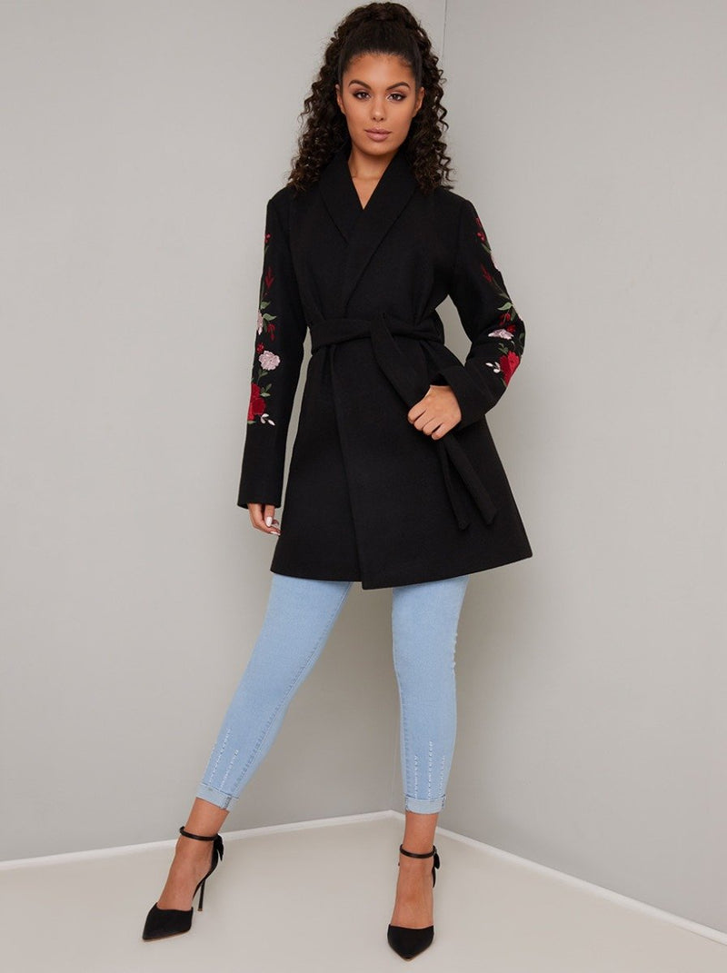 Wrap Style Embroidered 3/4 Length Coat Jacket in Black