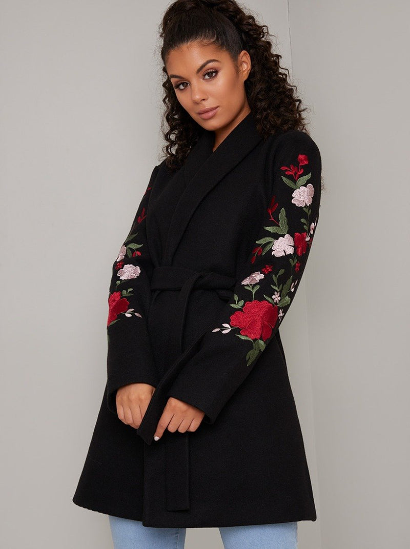 Wrap Style Embroidered 3/4 Length Coat Jacket in Black