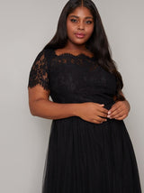 Plus Size Short Sleeved Lace Bodice Maxi Dress in Black