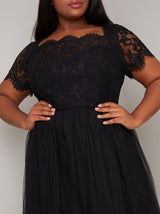 Plus Size Short Sleeved Lace Bodice Maxi Dress in Black