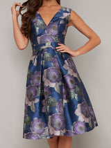 Floral Print Box Pleat Midi Dress in Blue
