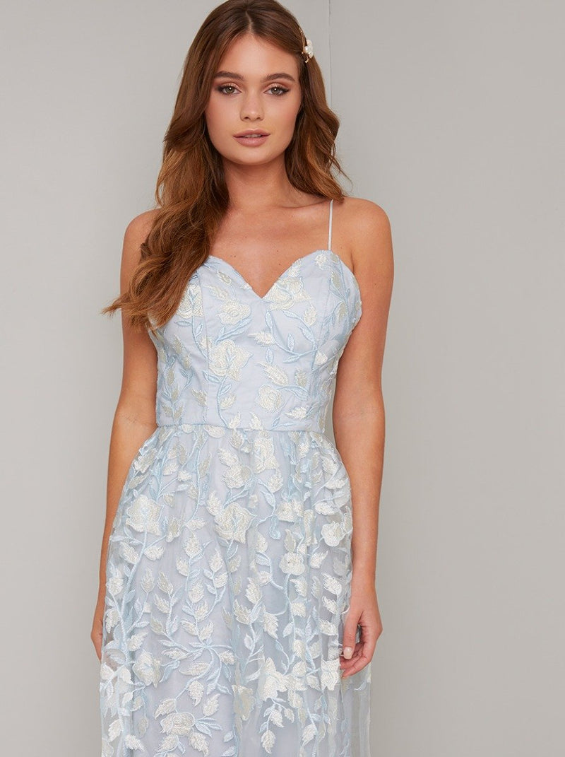 Lace Overlay Cami Strap Maxi Dress In Blue
