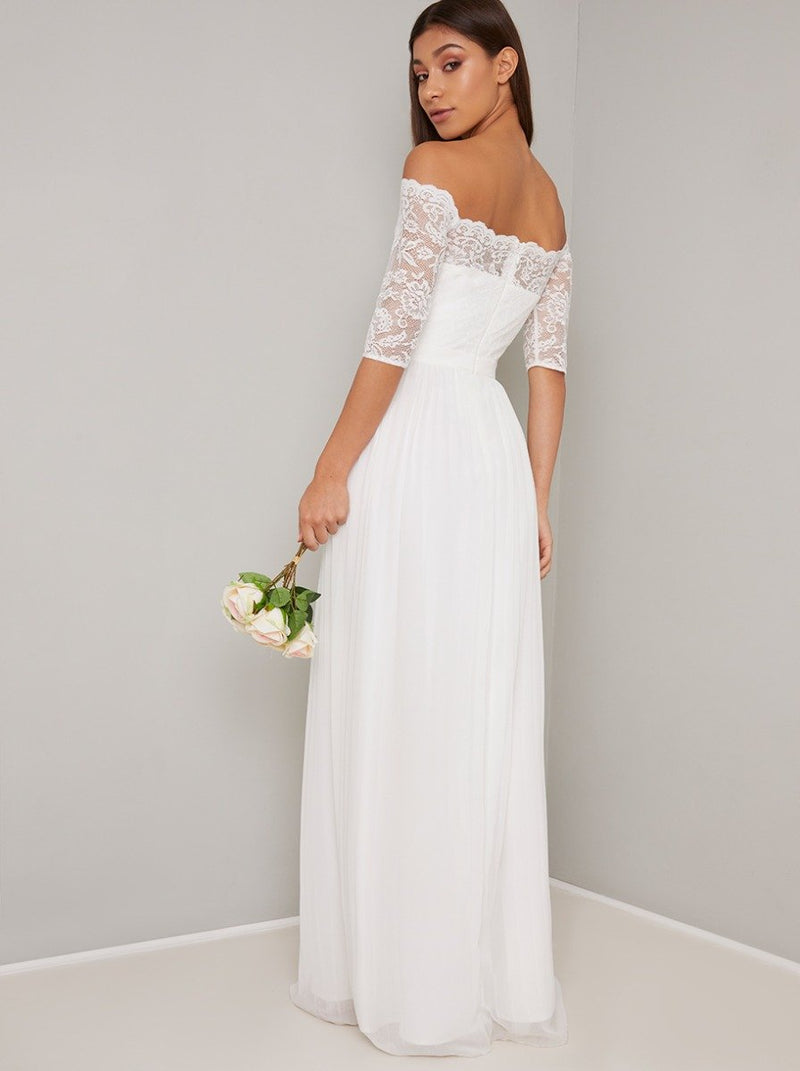 Bridal Lace Bardot Bodice Wedding Dress in White