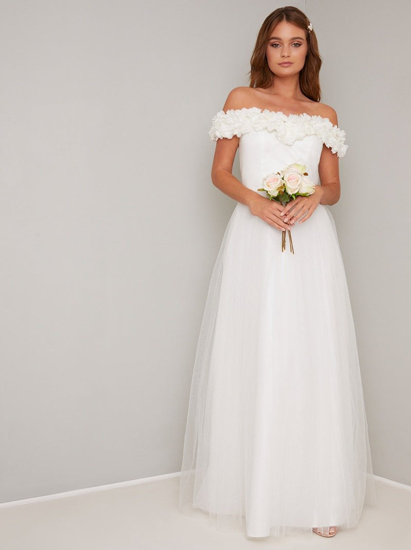 Bridal Floral Detail Wedding Dress in White