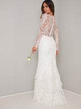 Bridal Lace Long Sleeved Tiered Wedding Dress in White