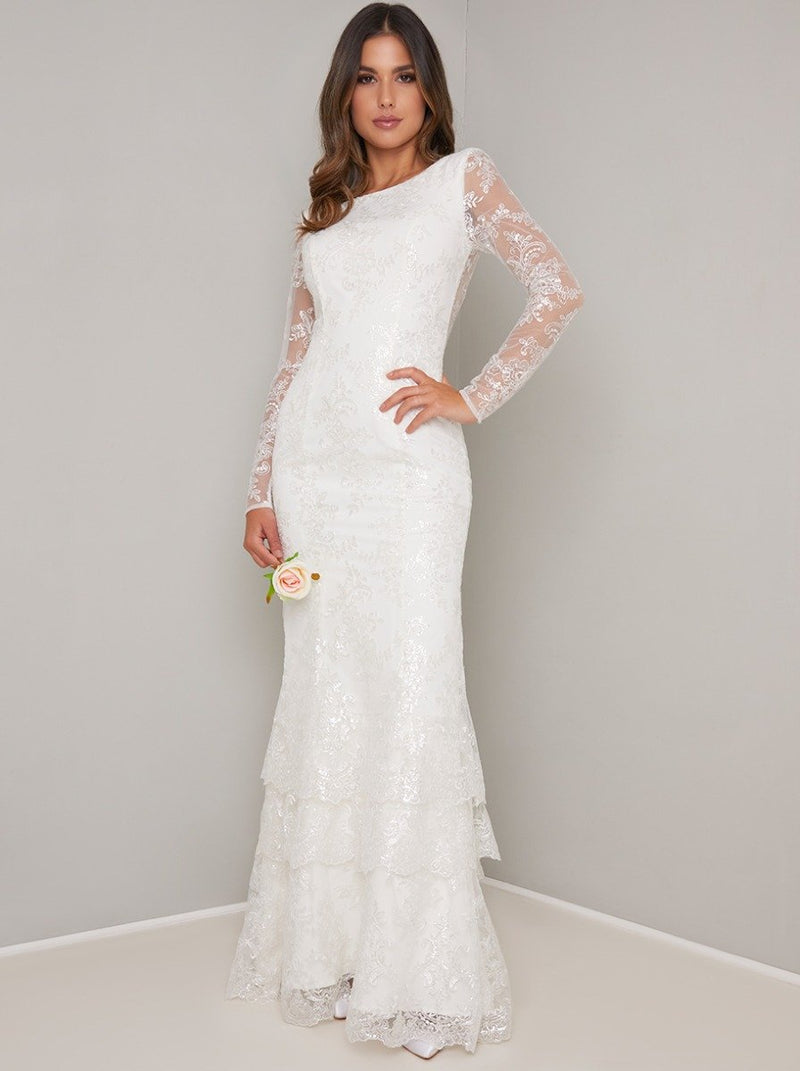 Bridal Lace Long Sleeved Tiered Wedding Dress in White