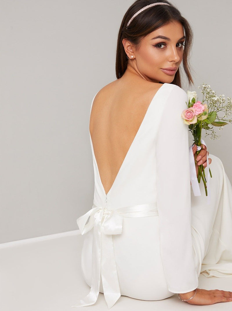 Bridal Open Back Bow Sash Detail Wedding Dress in White