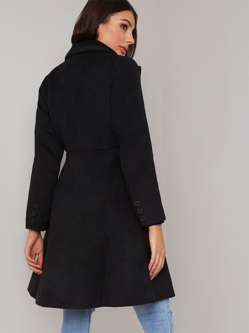 Fit And Flare Double Breasted Coat in Black