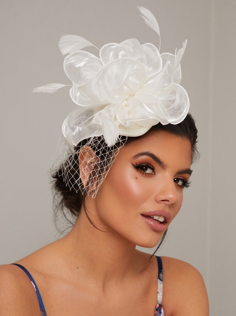 Flower Fascinator Headband Hat with Feather in Cream