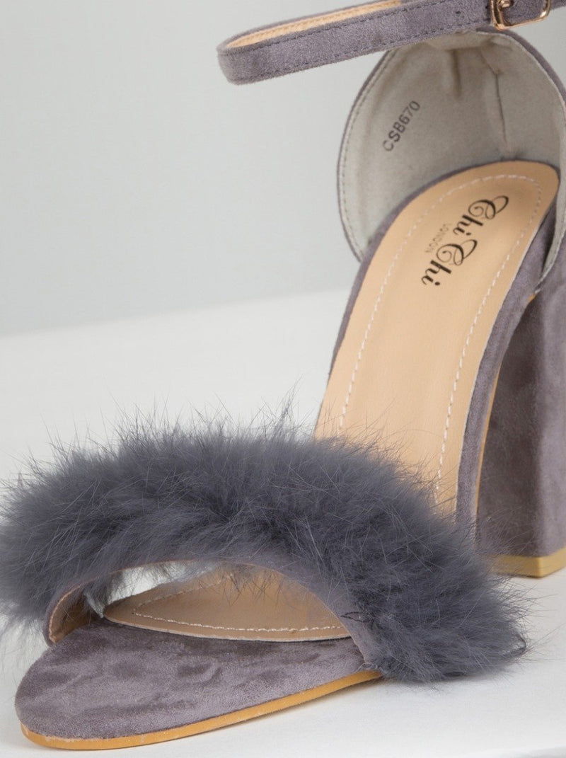 Block Heel Faux Fur Sandal in Grey