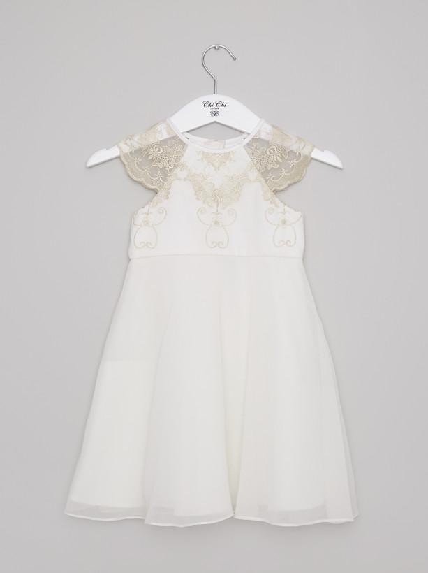 Girls Lace Detail Tulle Flowergirl Dress in Cream