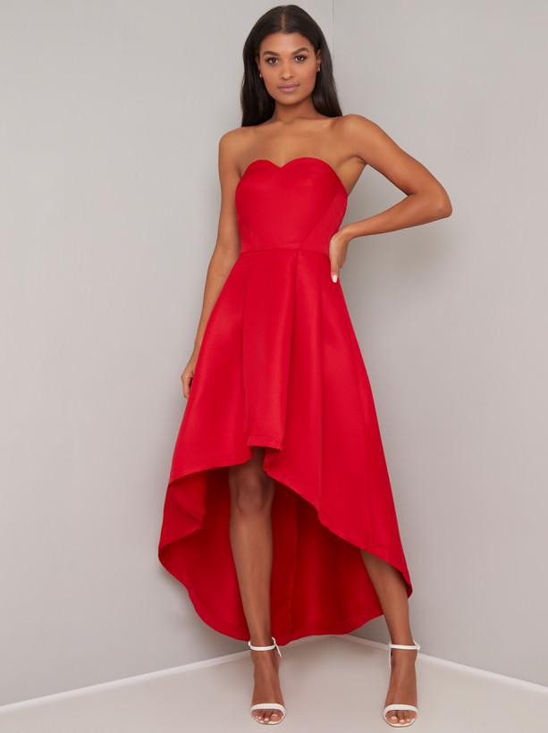Dip Hem Bandeau Midi Dress In Red
