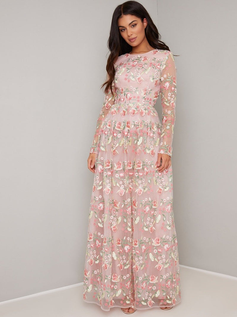 Long Sleeved Floral Embroidered Maxi Dress in Pink