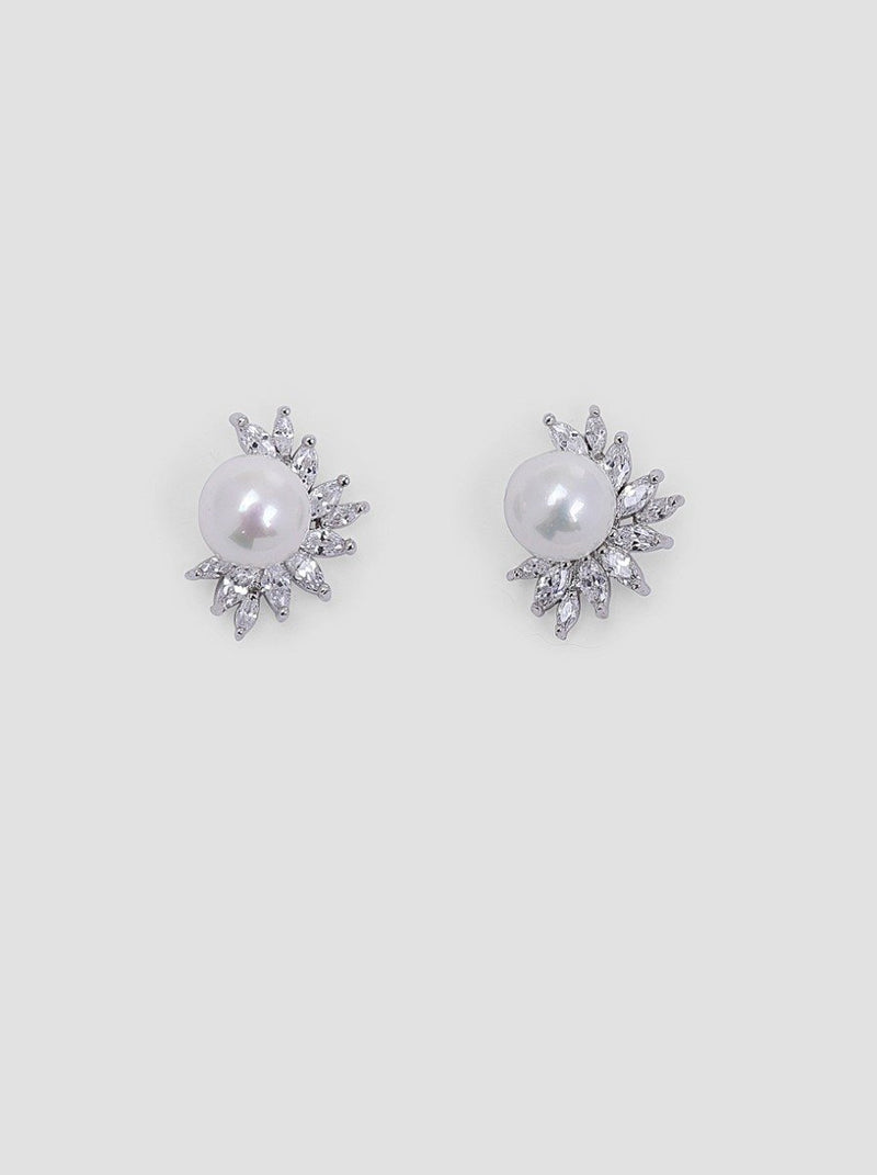 Faux Pearl Diamante Stud Earring in Silver Tone