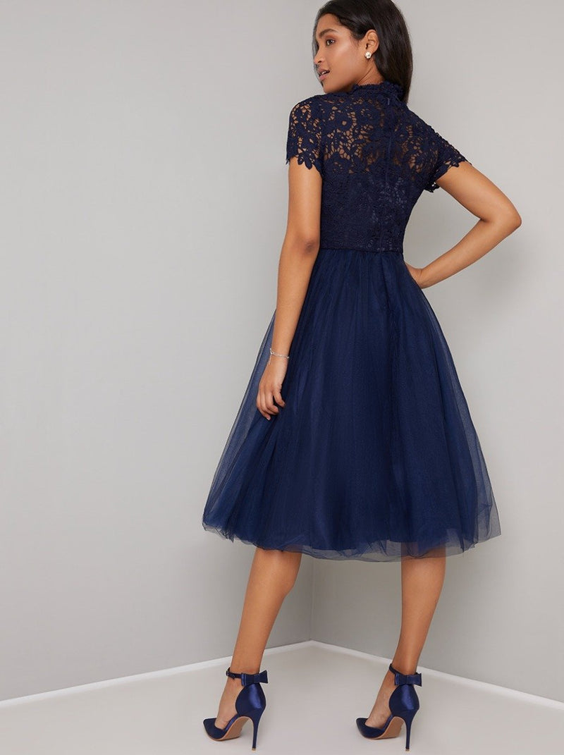 High Neck Lace Bodice Tulle Midi Dress in Blue