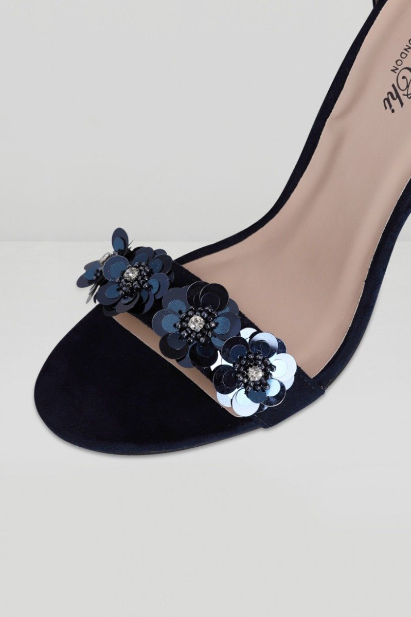 Embellished Strappy Heels with 3D Flowers in Blue