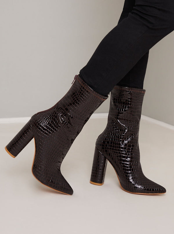 High Ankle Mock Croc Boots in Brown