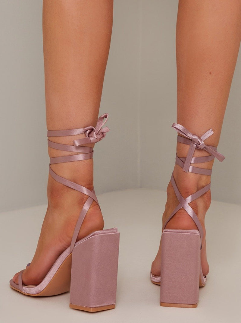 Block Heel Ankle Tie Sandal in Pink