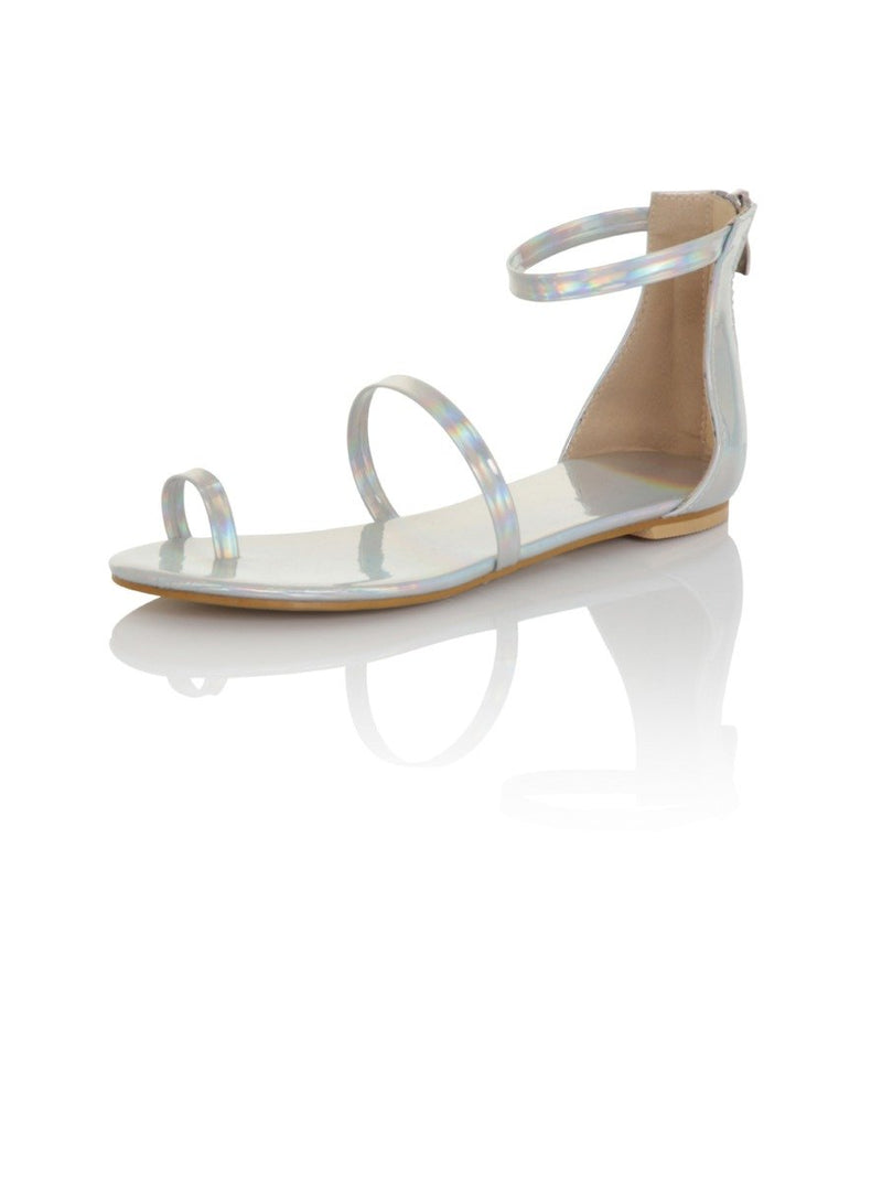 Metallic Strappy Flat Sandals in Silver Patent
