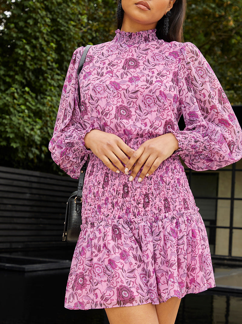 Long Sleeve High Neck Floral Print Shirred Mini Dress in Purple