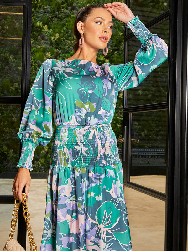 Long Sleeve Floral Abstract Print Midi Dress in Green